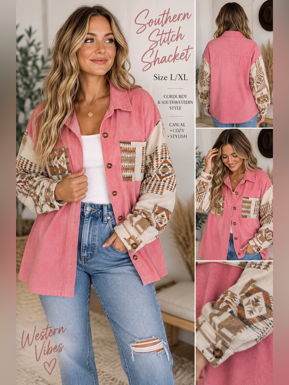 Southern Stitch L/XL Pink Corduroy Aztec Southwestern Shacket Oversized